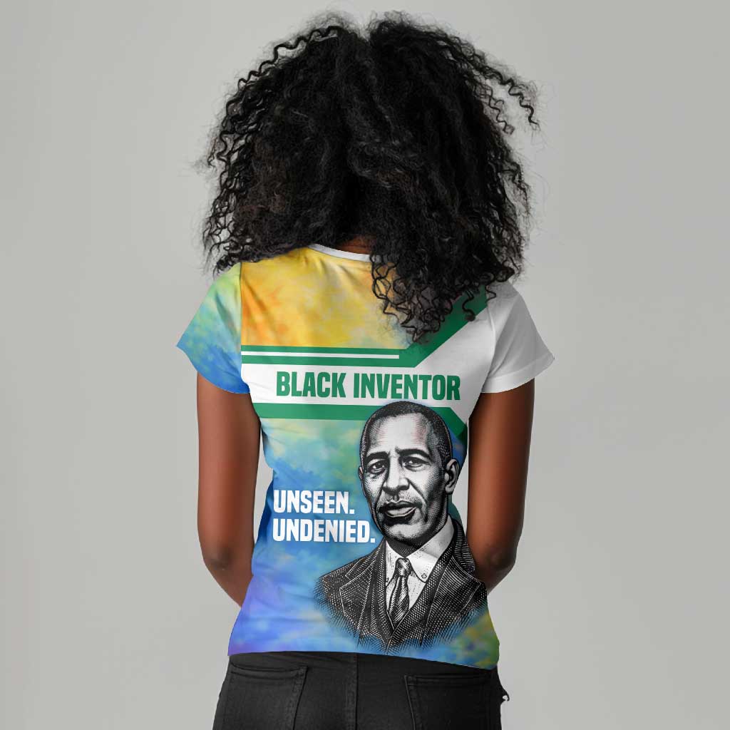 Garrett Morgan Women V-Neck T-Shirt with Real Impact Quote, Black Inventor Portrait and Vibrant Watercolor - Wonder Print Shop