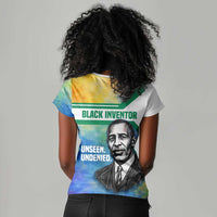 Garrett Morgan Women V-Neck T-Shirt with Real Impact Quote, Black Inventor Portrait and Vibrant Watercolor - Wonder Print Shop
