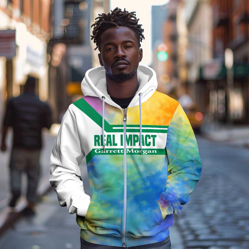 Garrett Morgan Zip Hoodie with Real Impact Quote, Black Inventor Portrait and Vibrant Watercolor - Wonder Print Shop