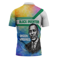Garrett Morgan Zipper Polo Shirt with Real Impact Quote, Black Inventor Portrait and Vibrant Watercolor - Wonder Print Shop