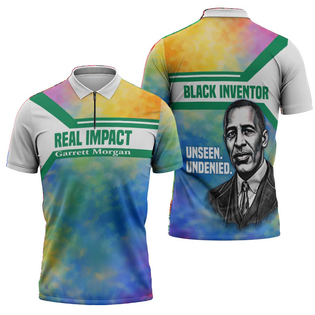 Garrett Morgan Zipper Polo Shirt with Real Impact Quote, Black Inventor Portrait and Vibrant Watercolor - Wonder Print Shop