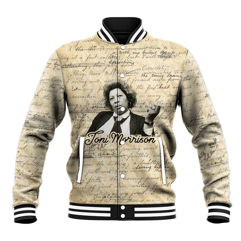 Toni Morrison Baseball Jacket Handwritten Manuscript Powerful Portrait with Feather Pen Quote - Wonder Print Shop