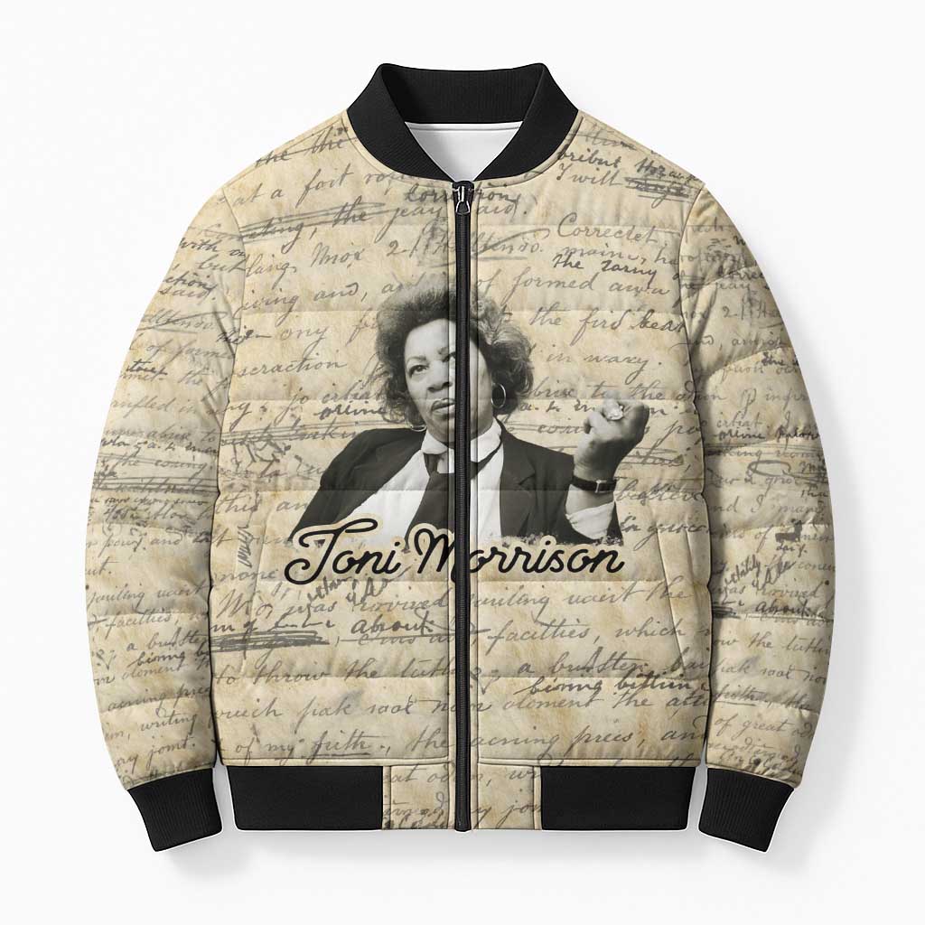 Toni Morrison Bomber Puffer Jacket Handwritten Manuscript Powerful Portrait with Feather Pen Quote - Wonder Print Shop