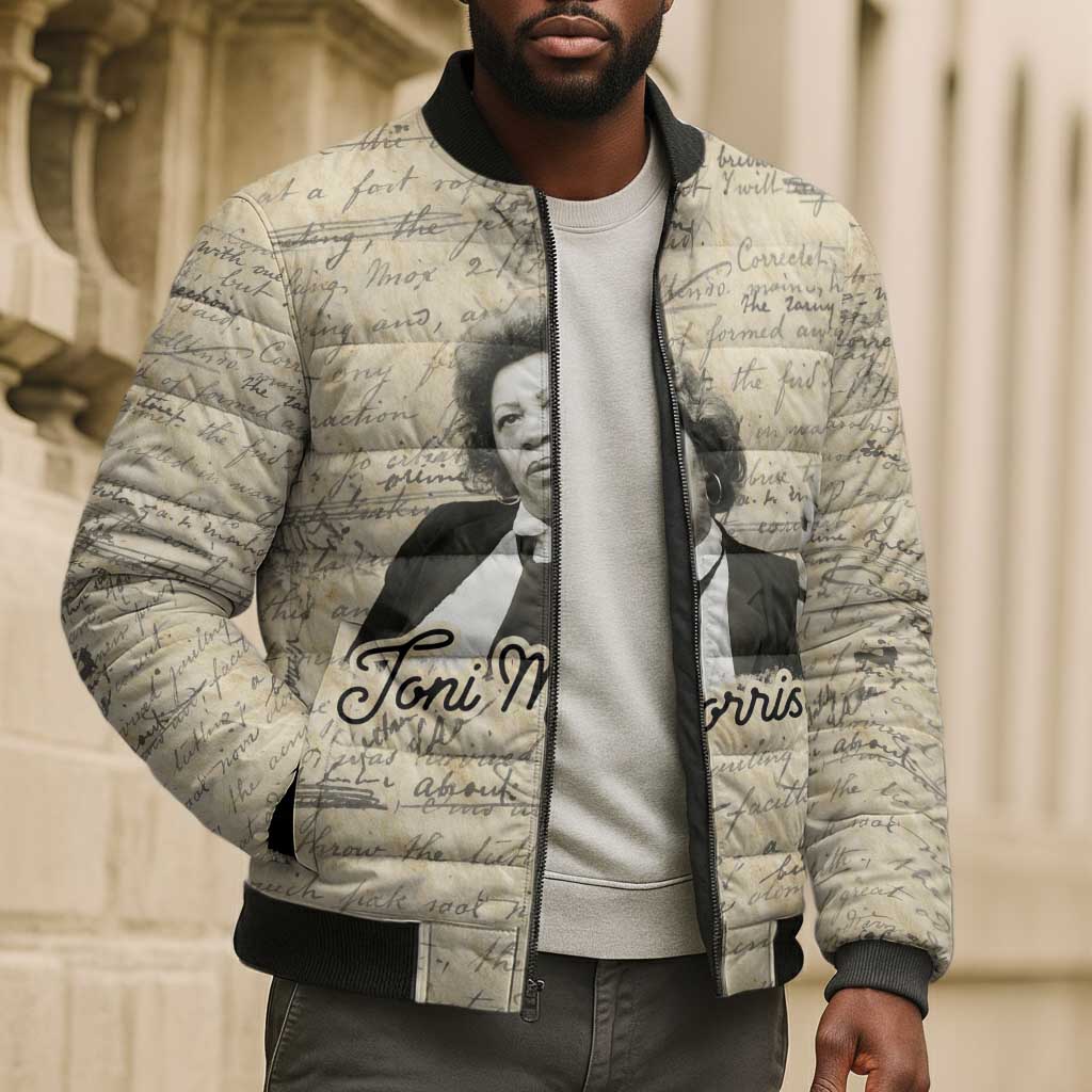 Toni Morrison Bomber Puffer Jacket Handwritten Manuscript Powerful Portrait with Feather Pen Quote - Wonder Print Shop