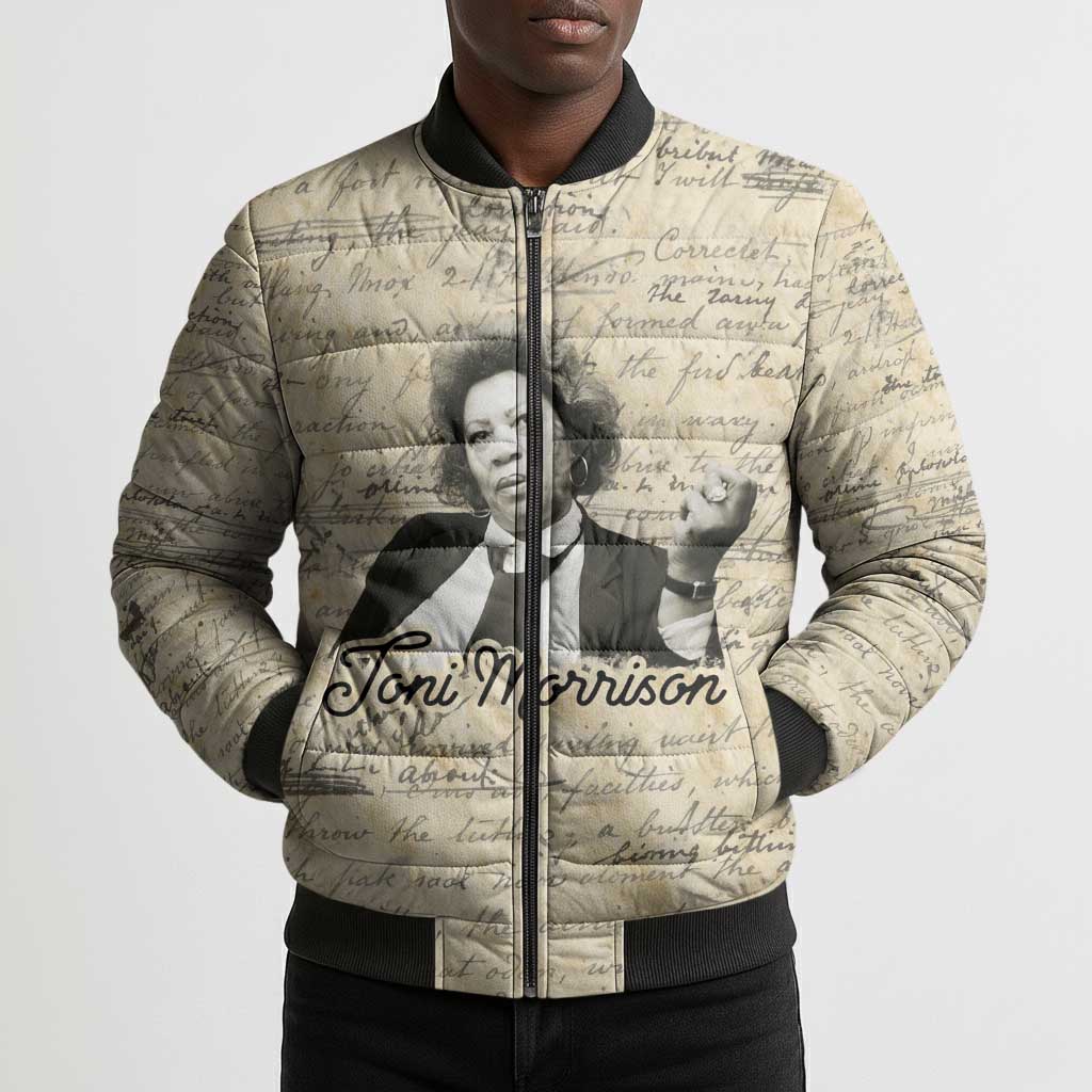 Toni Morrison Bomber Puffer Jacket Handwritten Manuscript Powerful Portrait with Feather Pen Quote - Wonder Print Shop
