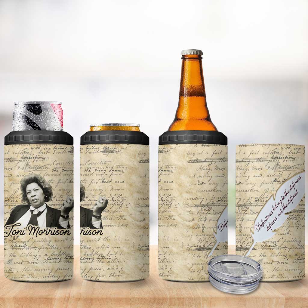 Toni Morrison 4 in 1 Can Cooler Tumbler Handwritten Manuscript Powerful Portrait with Feather Pen Quote - Wonder Print Shop