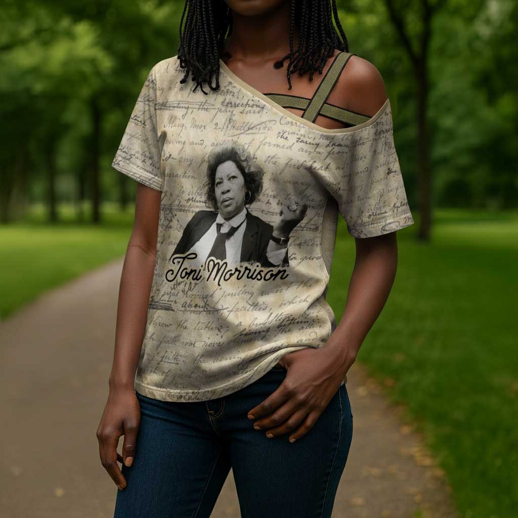 Toni Morrison Cross Shoulder Shirt Handwritten Manuscript Powerful Portrait with Feather Pen Quote - Wonder Print Shop
