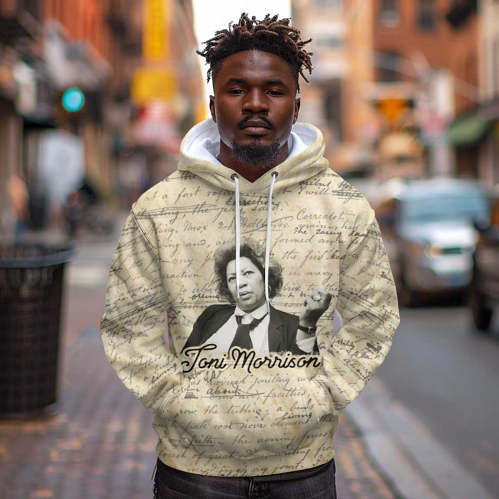 Toni Morrison Hoodie Handwritten Manuscript Powerful Portrait with Feather Pen Quote - Wonder Print Shop