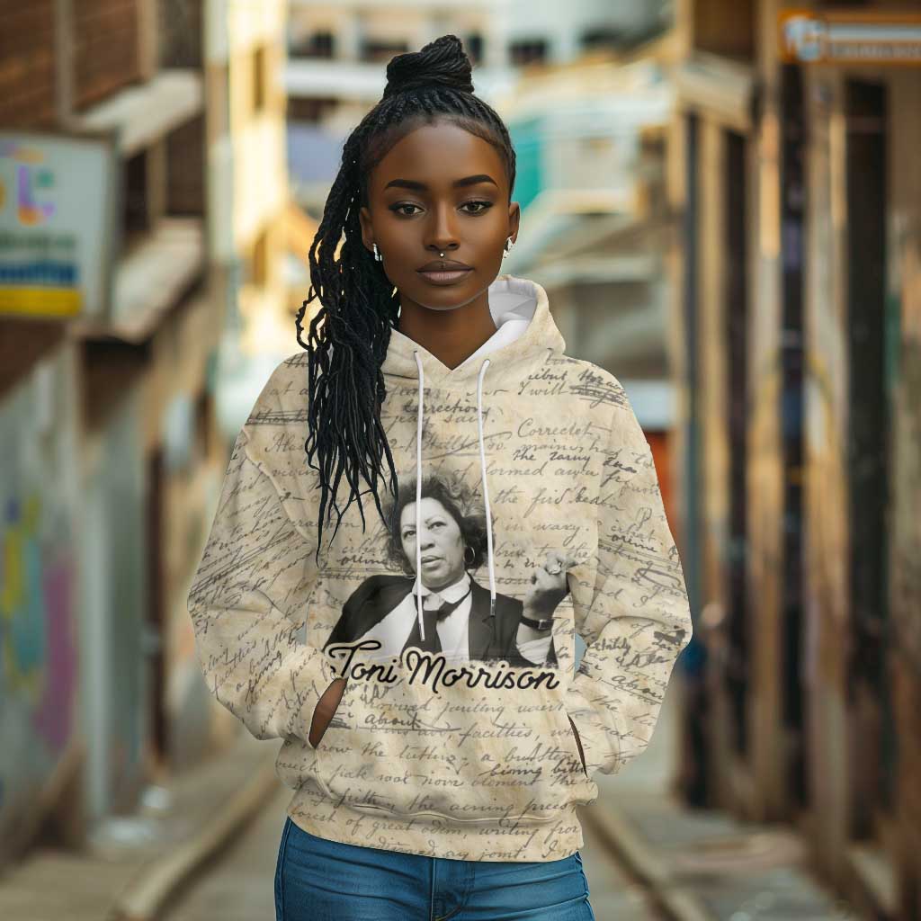 Toni Morrison Hoodie Handwritten Manuscript Powerful Portrait with Feather Pen Quote - Wonder Print Shop