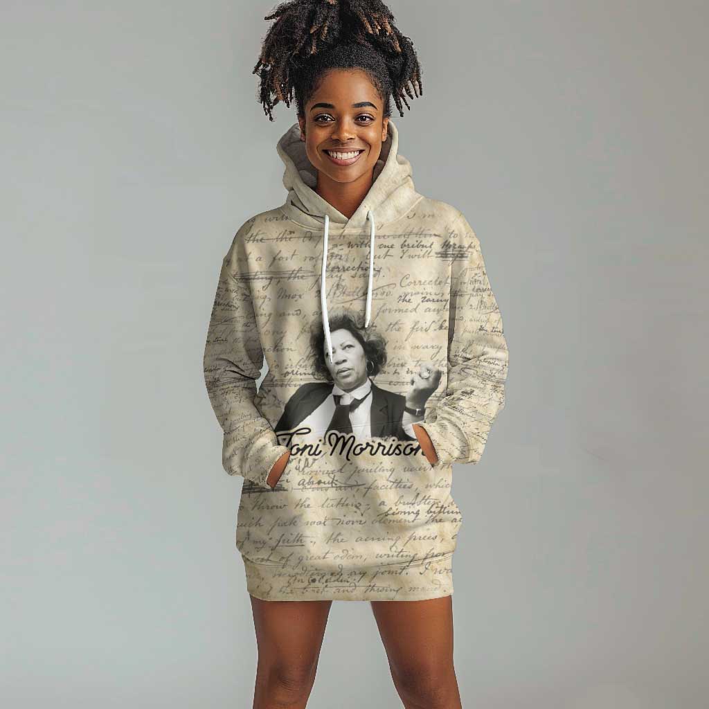 Toni Morrison Hoodie Dress Handwritten Manuscript Powerful Portrait with Feather Pen Quote - Wonder Print Shop