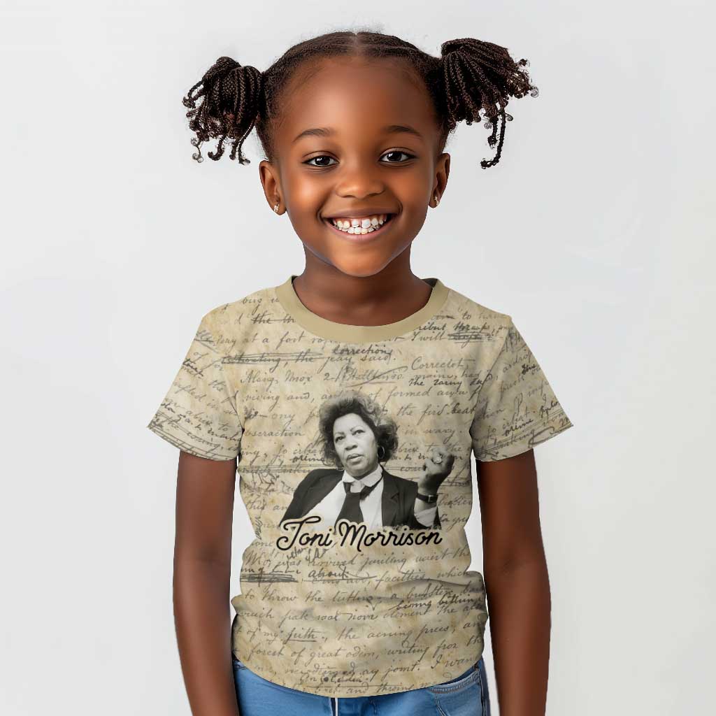 Toni Morrison Kid T shirt Handwritten Manuscript Powerful Portrait with Feather Pen Quote - Wonder Print Shop