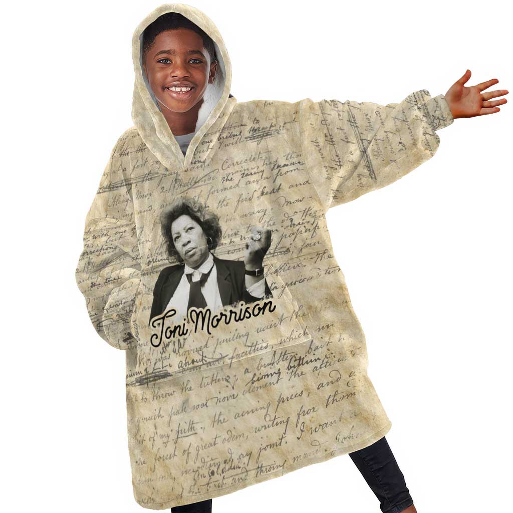 Toni Morrison Kid Wearable Blanket Hoodie Handwritten Manuscript Powerful Portrait with Feather Pen Quote - Wonder Print Shop