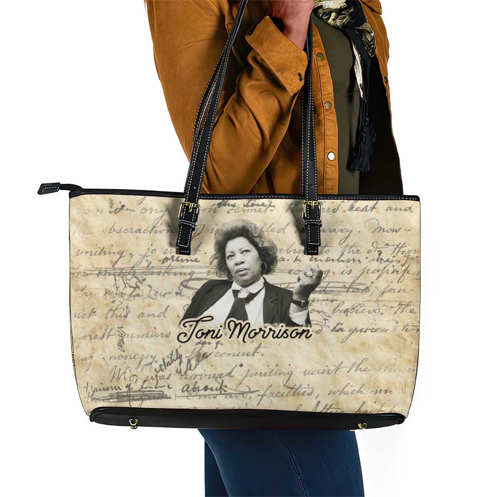Toni Morrison Leather Tote Bag Handwritten Manuscript Powerful Portrait with Feather Pen Quote - Wonder Print Shop