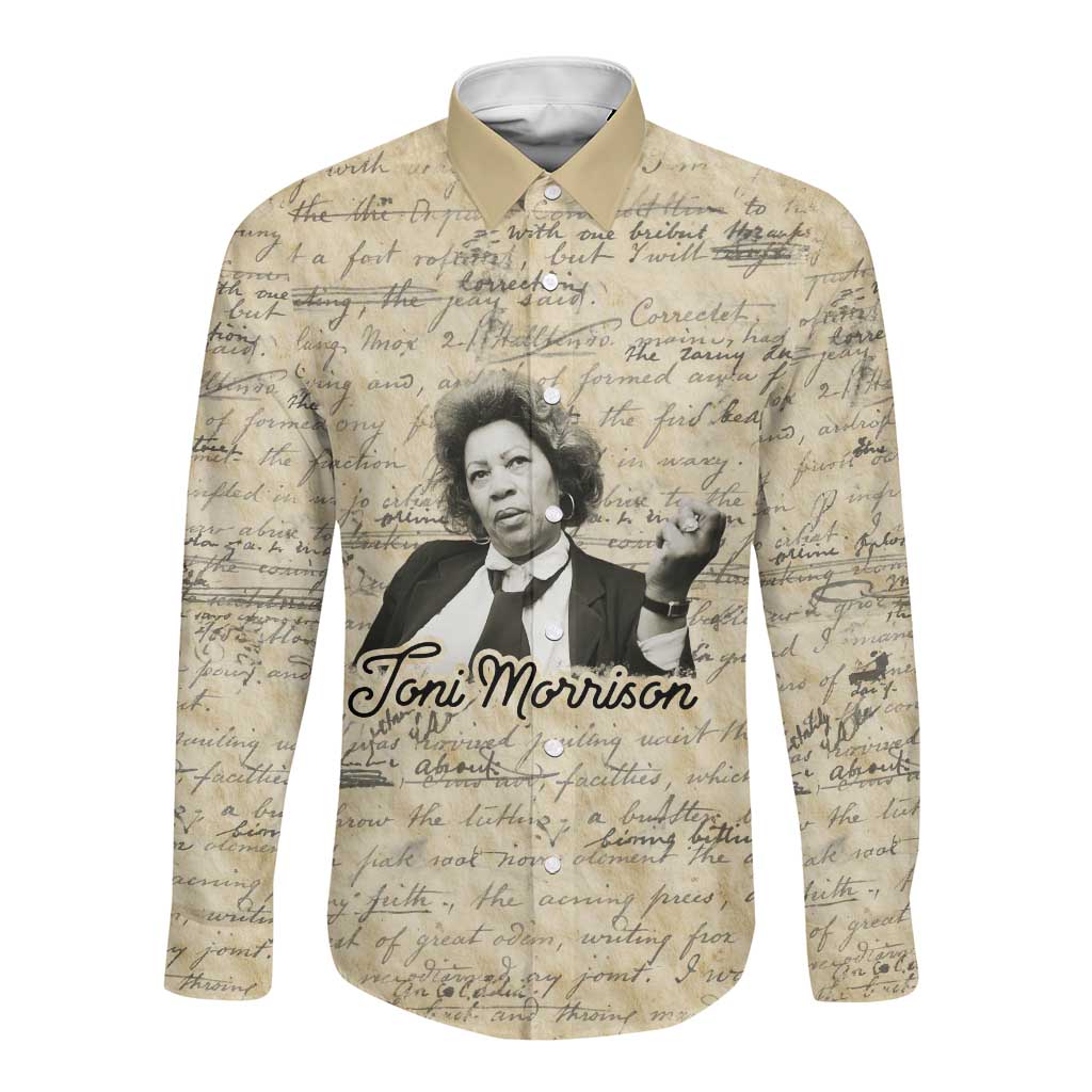 Toni Morrison Long Sleeve Button Shirt Handwritten Manuscript Powerful Portrait with Feather Pen Quote - Wonder Print Shop