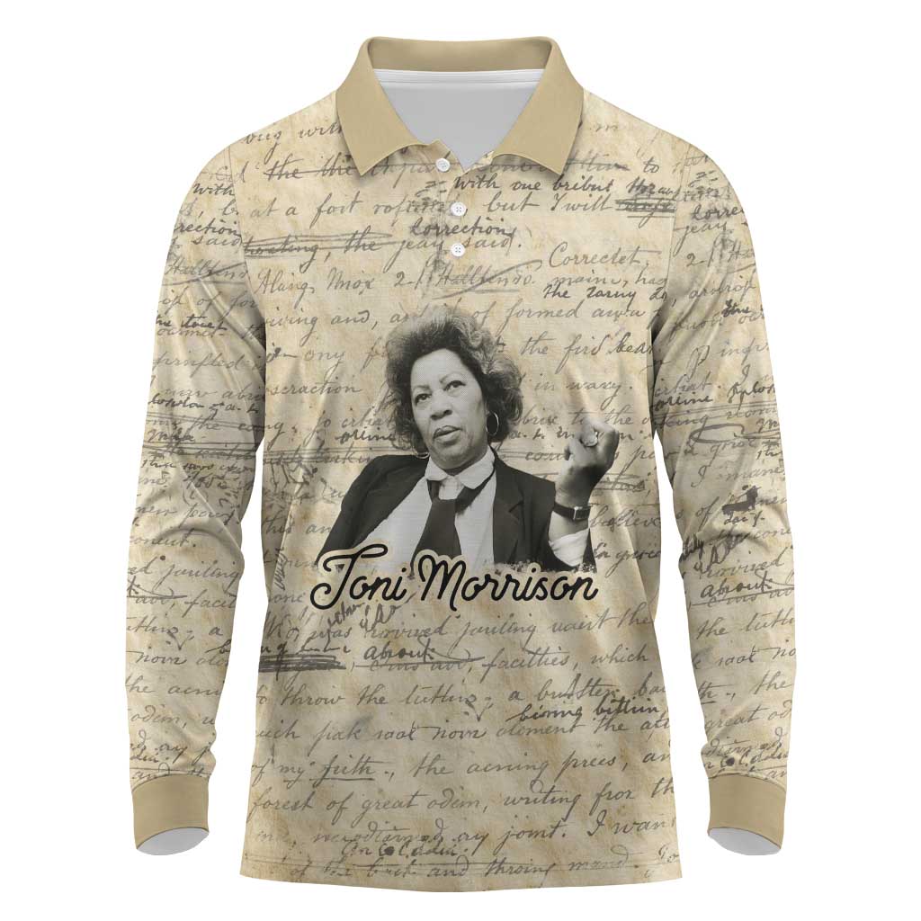 Toni Morrison Long Sleeve Polo Shirt Handwritten Manuscript Powerful Portrait with Feather Pen Quote - Wonder Print Shop