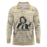 Toni Morrison Long Sleeve Polo Shirt Handwritten Manuscript Powerful Portrait with Feather Pen Quote - Wonder Print Shop