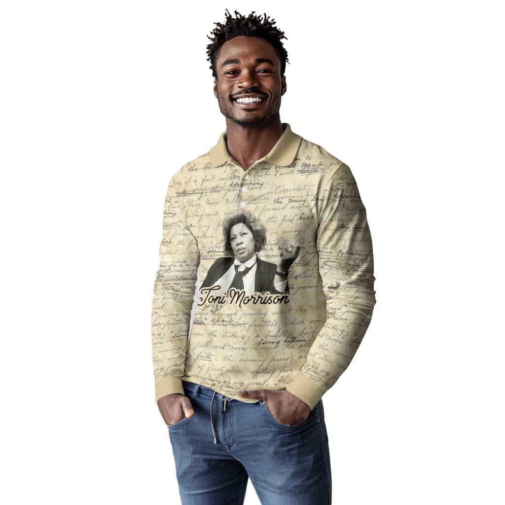 Toni Morrison Long Sleeve Polo Shirt Handwritten Manuscript Powerful Portrait with Feather Pen Quote - Wonder Print Shop