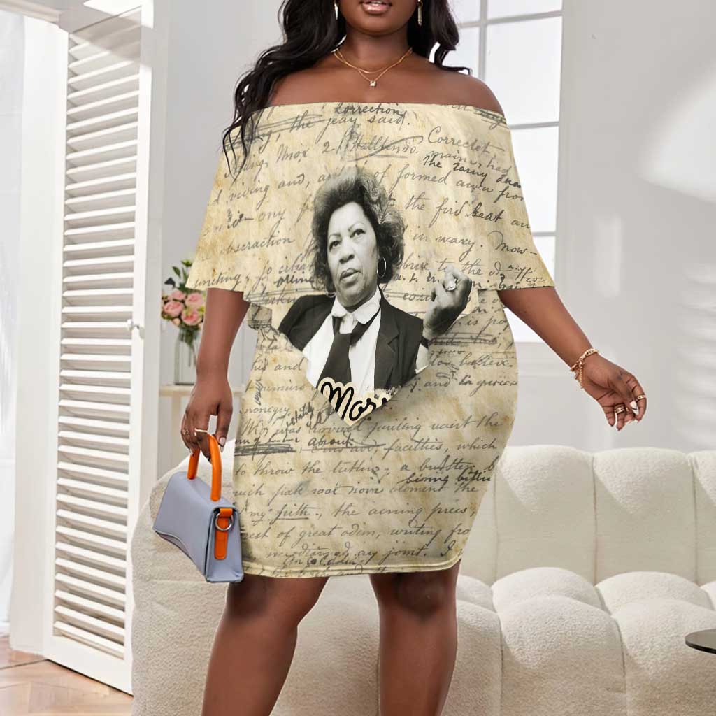 Toni Morrison Off Shoulder Short Dress Handwritten Manuscript Powerful Portrait with Feather Pen Quote - Wonder Print Shop