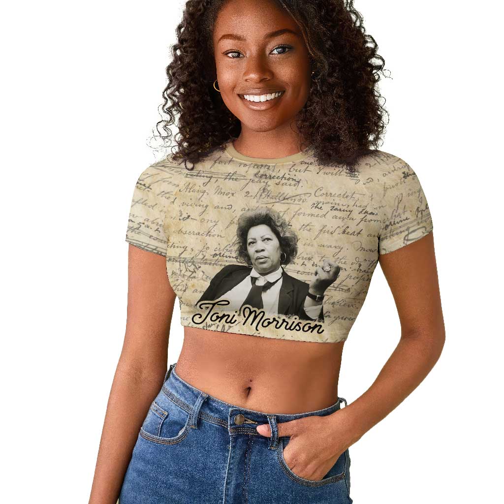 Toni Morrison Raglan Cropped T shirt Handwritten Manuscript Powerful Portrait with Feather Pen Quote - Wonder Print Shop
