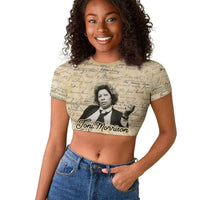 Toni Morrison Raglan Cropped T shirt Handwritten Manuscript Powerful Portrait with Feather Pen Quote - Wonder Print Shop
