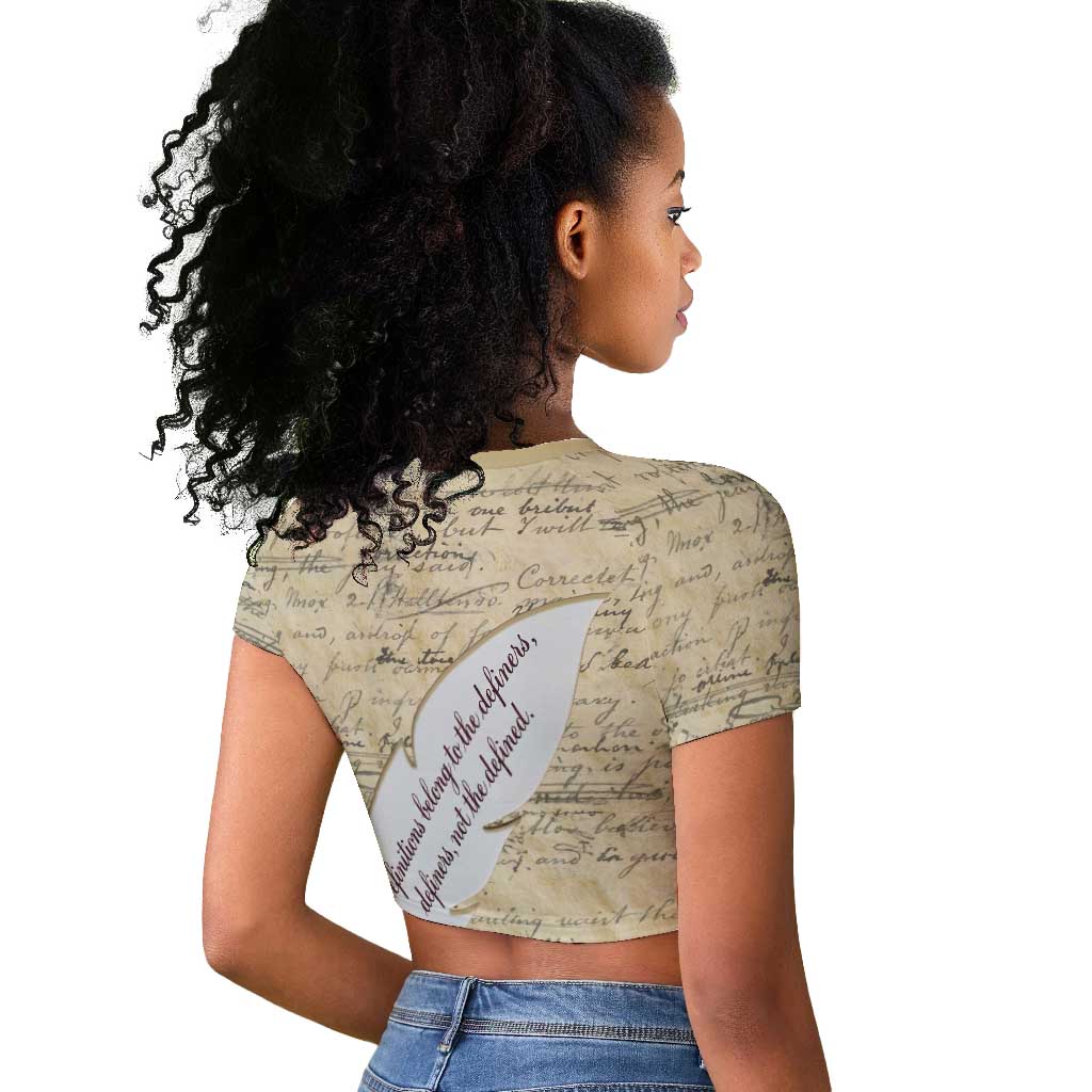 Toni Morrison Raglan Cropped T shirt Handwritten Manuscript Powerful Portrait with Feather Pen Quote - Wonder Print Shop