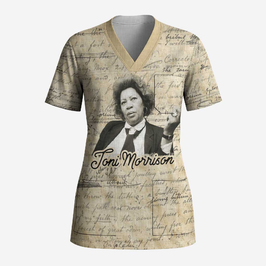 Toni Morrison Scrub Top Handwritten Manuscript Powerful Portrait with Feather Pen Quote - Wonder Print Shop