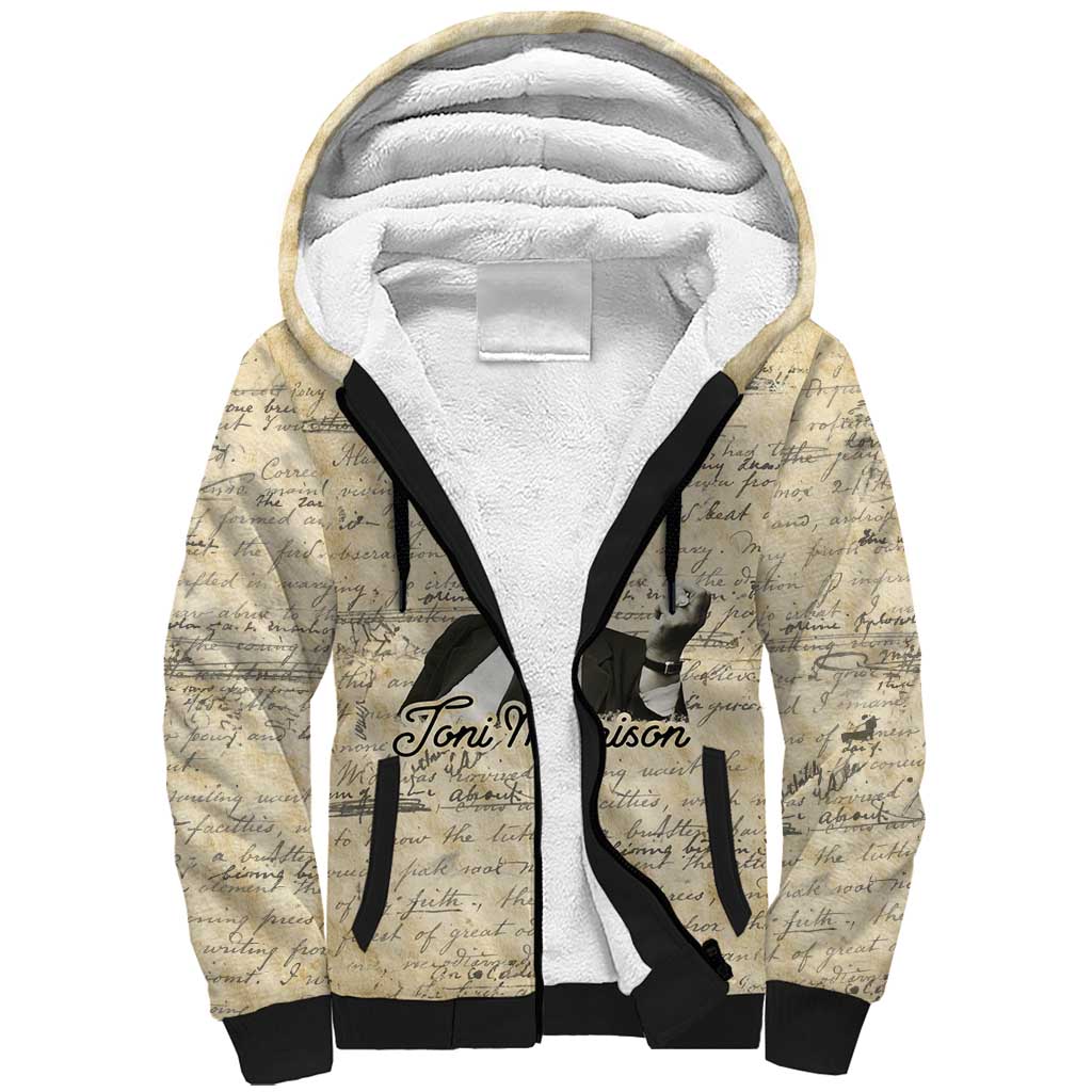 Toni Morrison Sherpa Hoodie Handwritten Manuscript Powerful Portrait with Feather Pen Quote - Wonder Print Shop