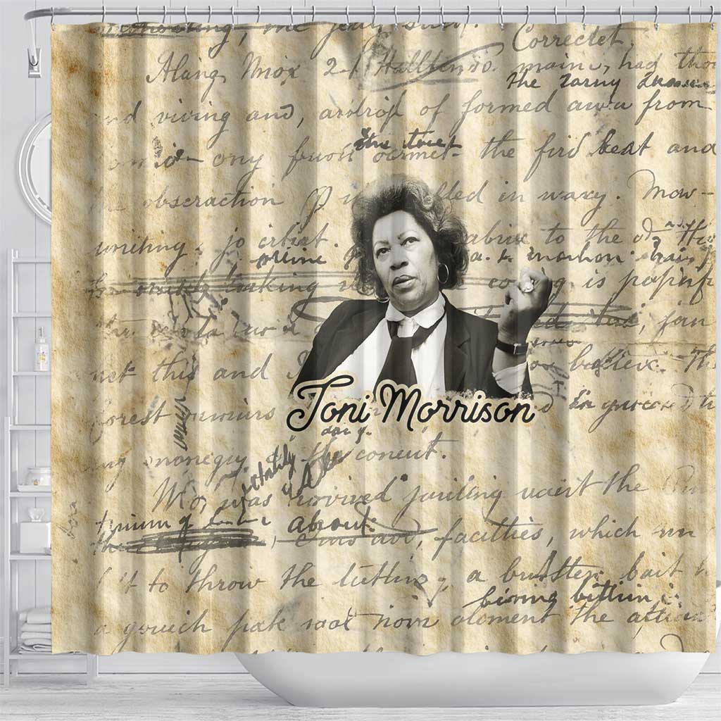 Toni Morrison Shower Curtain Handwritten Manuscript Powerful Portrait with Feather Pen Quote - Wonder Print Shop