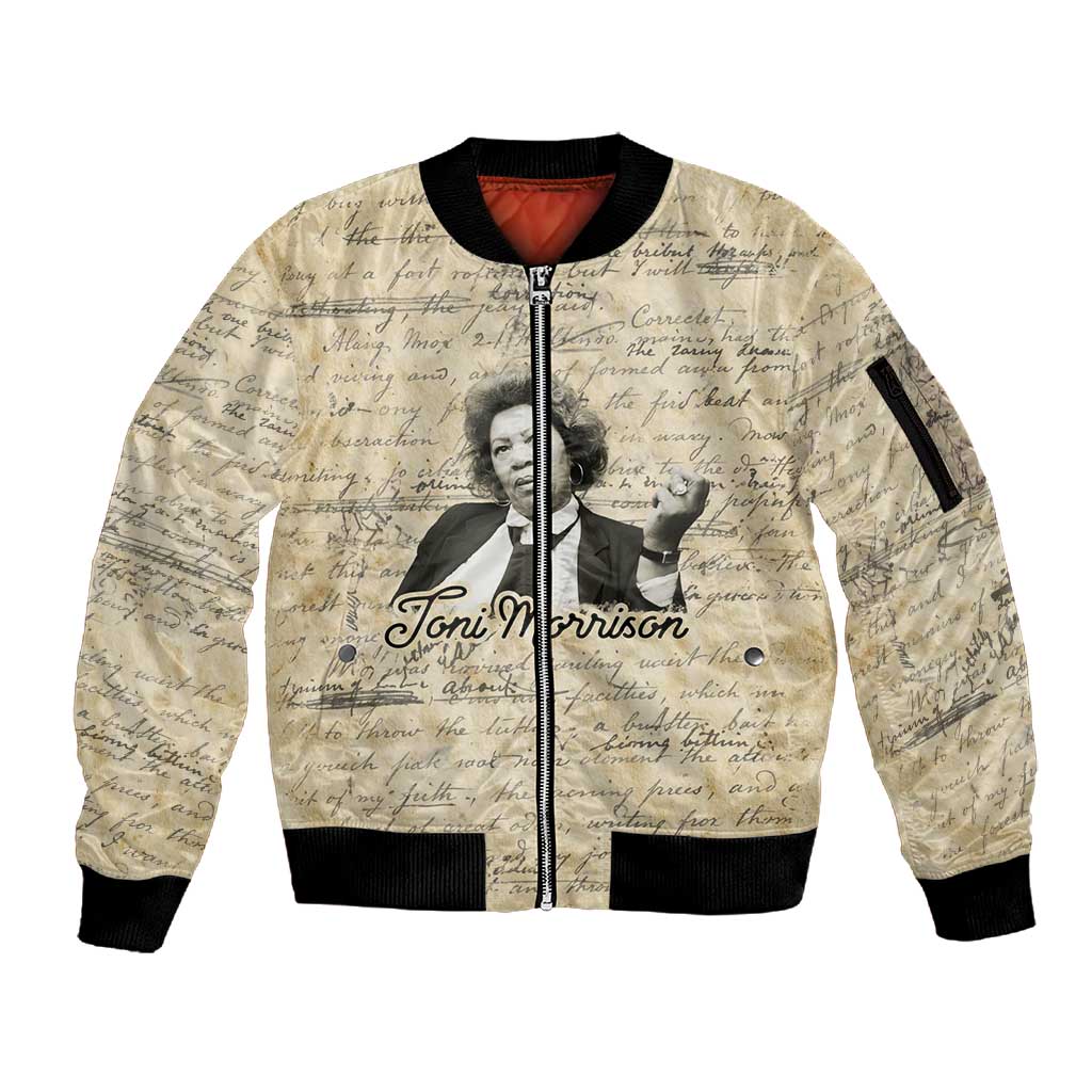 Toni Morrison Sleeve Zip Bomber Jacket Handwritten Manuscript Powerful Portrait with Feather Pen Quote - Wonder Print Shop