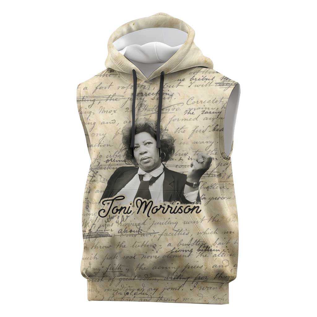Toni Morrison Sleeveless Hoodie Handwritten Manuscript Powerful Portrait with Feather Pen Quote - Wonder Print Shop