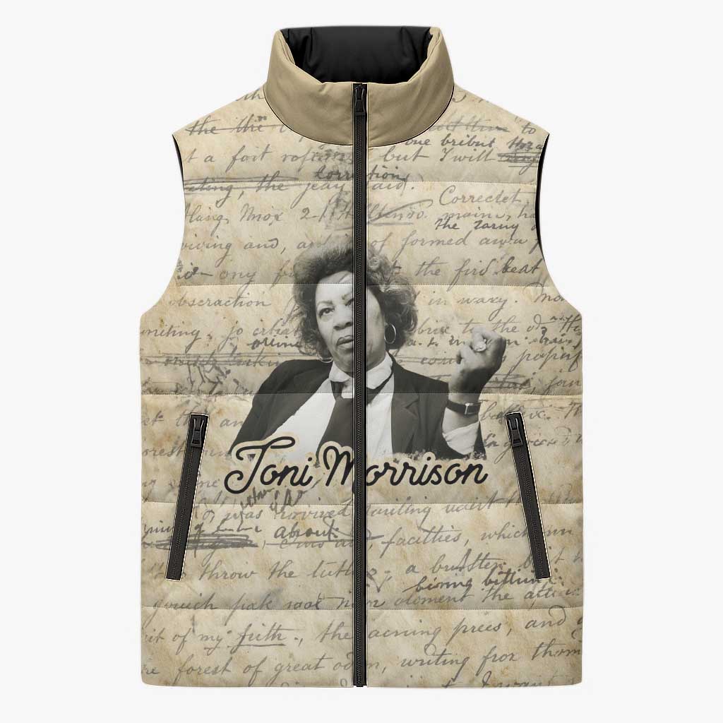 Toni Morrison Sleeveless Puffer Jacket Handwritten Manuscript Powerful Portrait with Feather Pen Quote - Wonder Print Shop