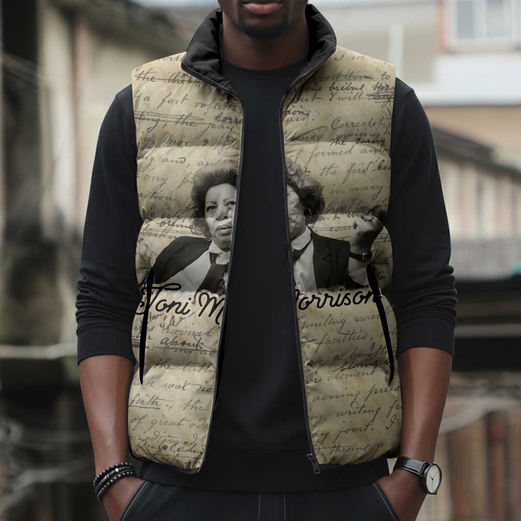 Toni Morrison Sleeveless Puffer Jacket Handwritten Manuscript Powerful Portrait with Feather Pen Quote - Wonder Print Shop