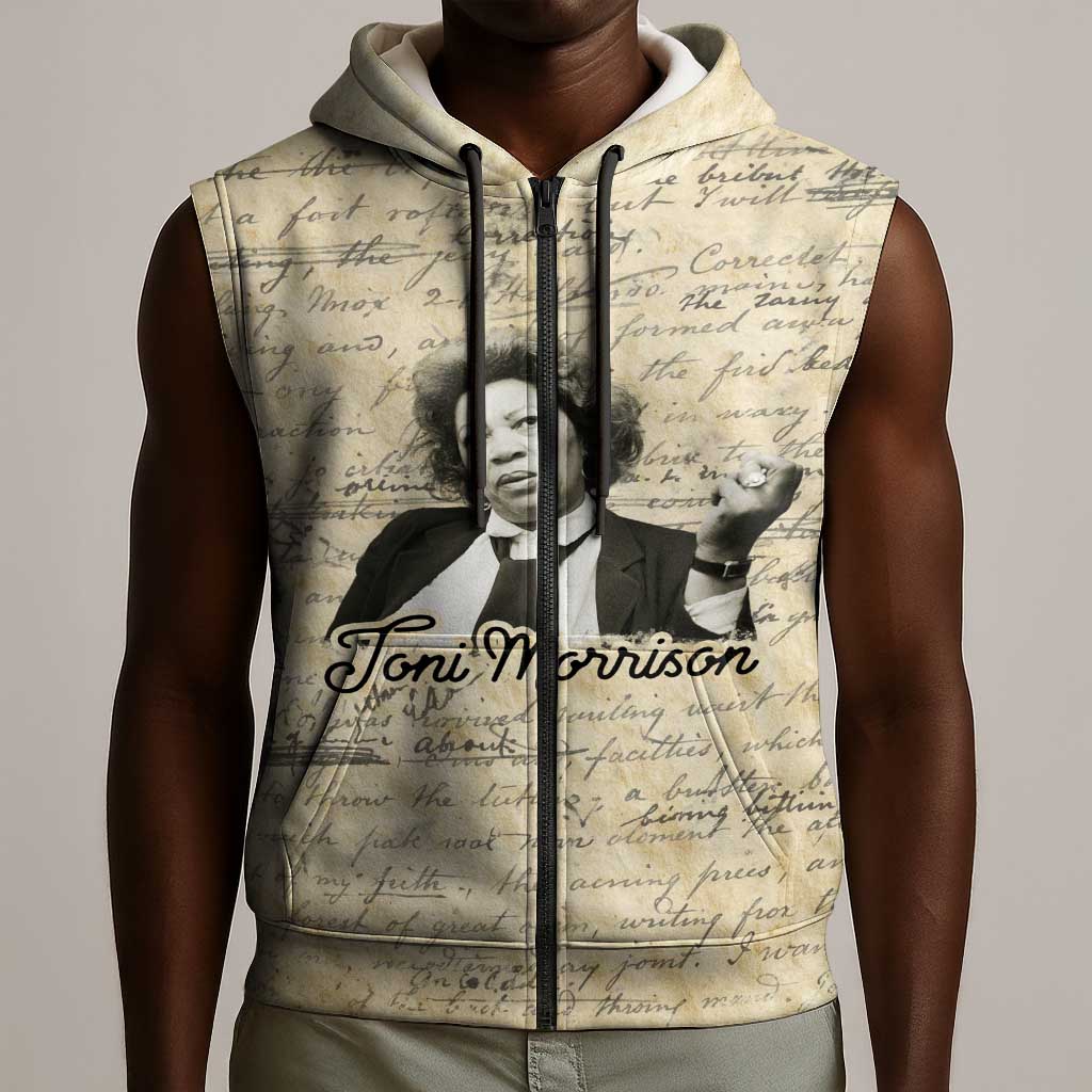 Toni Morrison Sleeveless Zip Hoodie Handwritten Manuscript Powerful Portrait with Feather Pen Quote - Wonder Print Shop