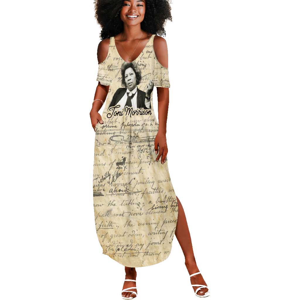Toni Morrison Summer Maxi Dress Handwritten Manuscript Powerful Portrait with Feather Pen Quote - Wonder Print Shop
