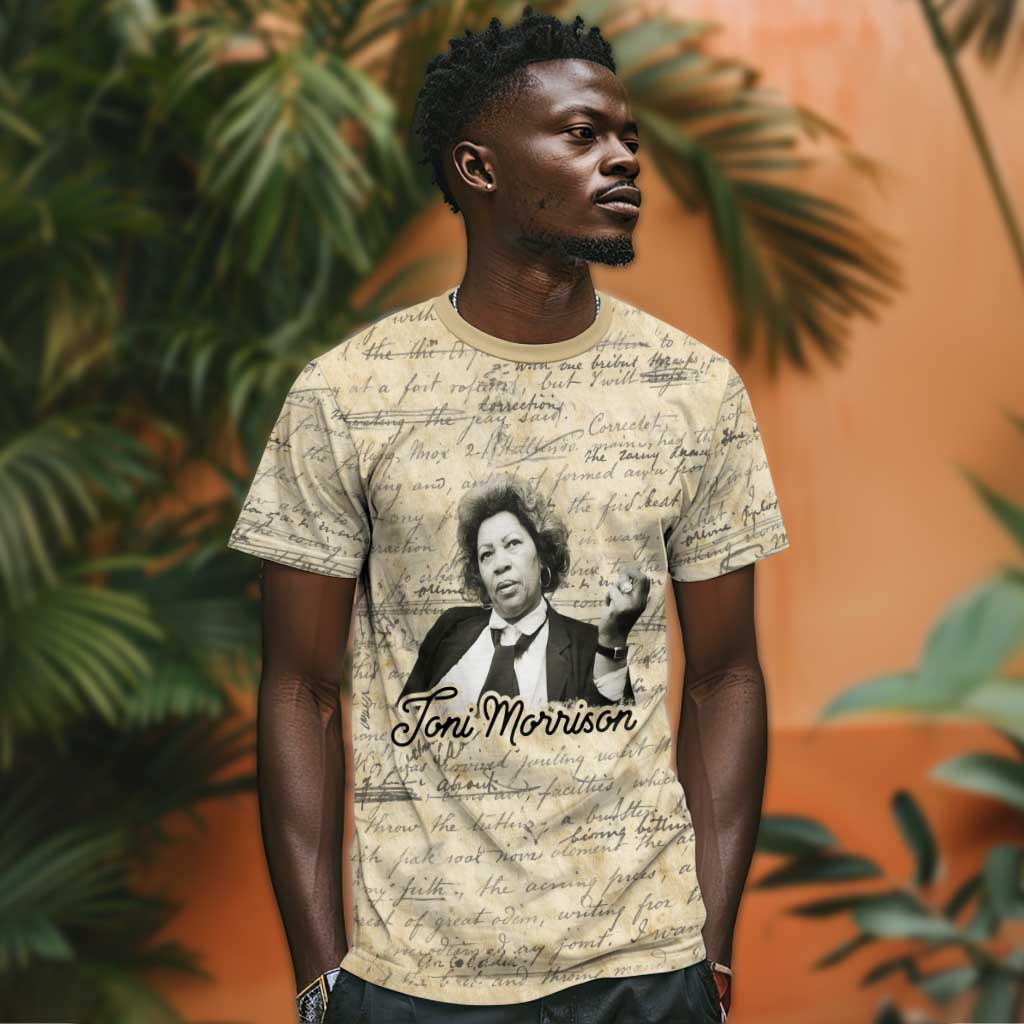 Toni Morrison T shirt Handwritten Manuscript Powerful Portrait with Feather Pen Quote - Wonder Print Shop