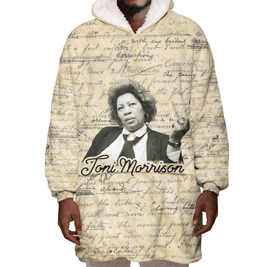 Toni Morrison Wearable Blanket Hoodie Handwritten Manuscript Powerful Portrait with Feather Pen Quote - Wonder Print Shop