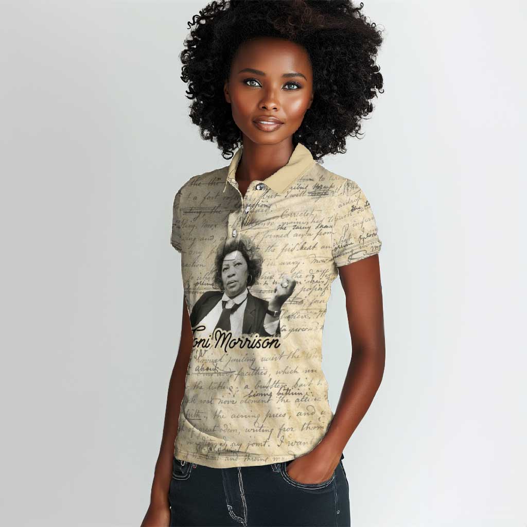 Toni Morrison Women Polo Shirt Handwritten Manuscript Powerful Portrait with Feather Pen Quote - Wonder Print Shop