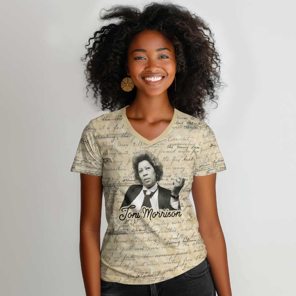 Toni Morrison Women V-Neck T-Shirt Handwritten Manuscript Powerful Portrait with Feather Pen Quote - Wonder Print Shop
