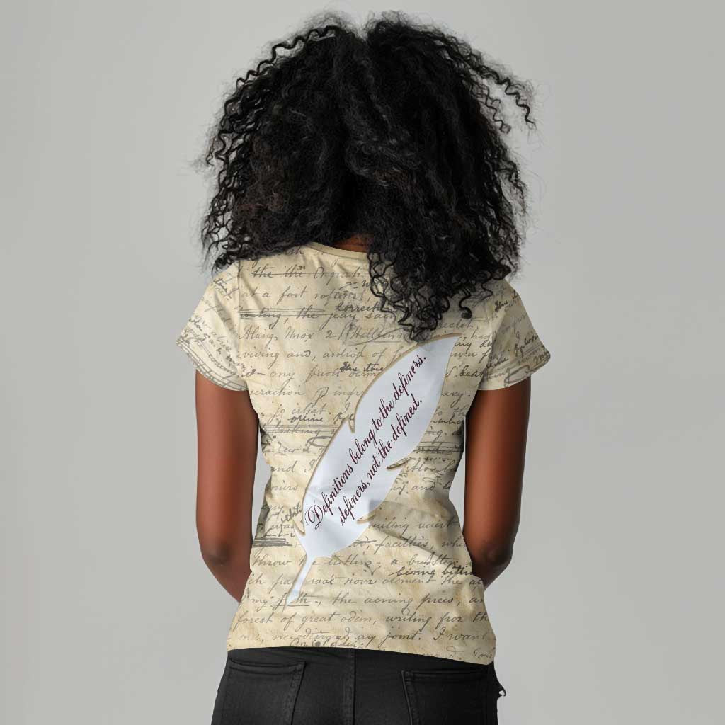Toni Morrison Women V-Neck T-Shirt Handwritten Manuscript Powerful Portrait with Feather Pen Quote - Wonder Print Shop