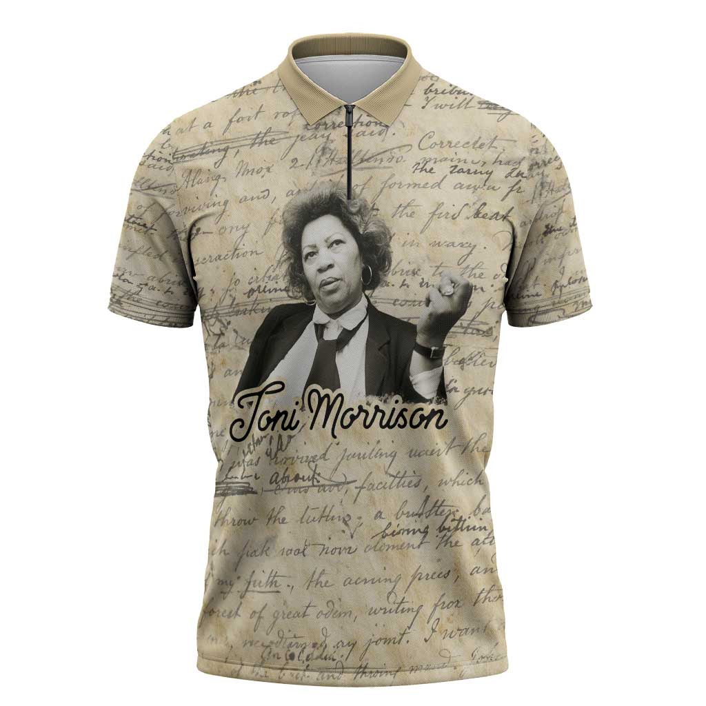 Toni Morrison Zipper Polo Shirt Handwritten Manuscript Powerful Portrait with Feather Pen Quote - Wonder Print Shop