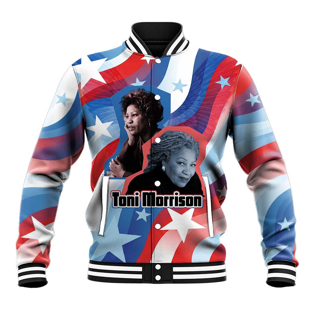 Toni Morrison Baseball Jacket Abstract Wings Design Empowering Quote Dual Portrait Celebration of Literary Freedom - Wonder Print Shop