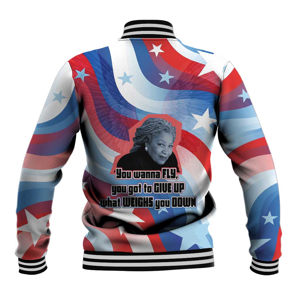 Toni Morrison Baseball Jacket Abstract Wings Design Empowering Quote Dual Portrait Celebration of Literary Freedom - Wonder Print Shop