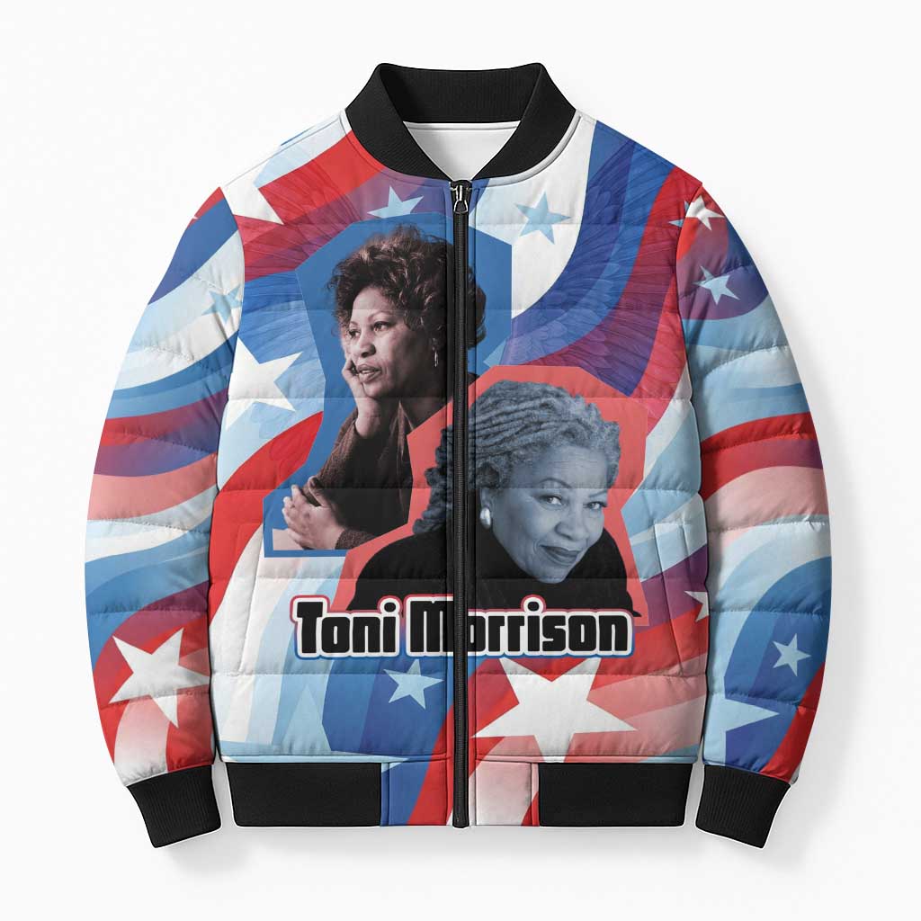 Toni Morrison Bomber Puffer Jacket Abstract Wings Design Empowering Quote Dual Portrait Celebration of Literary Freedom - Wonder Print Shop