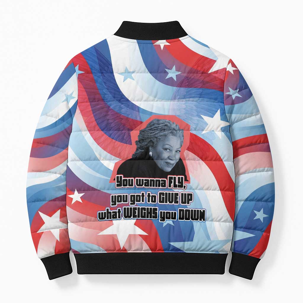 Toni Morrison Bomber Puffer Jacket Abstract Wings Design Empowering Quote Dual Portrait Celebration of Literary Freedom - Wonder Print Shop
