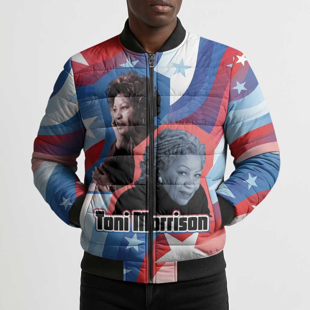 Toni Morrison Bomber Puffer Jacket Abstract Wings Design Empowering Quote Dual Portrait Celebration of Literary Freedom - Wonder Print Shop