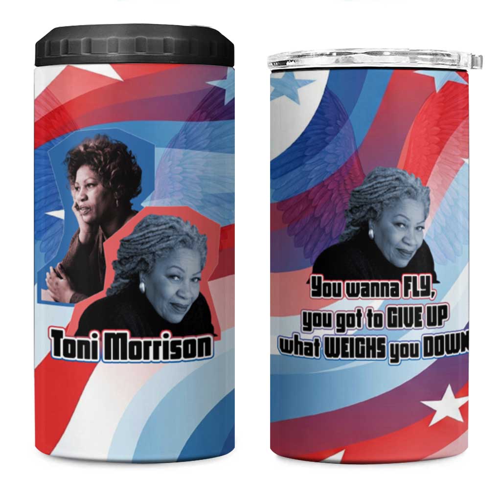 Toni Morrison 4 in 1 Can Cooler Tumbler Abstract Wings Design Empowering Quote Dual Portrait Celebration of Literary Freedom - Wonder Print Shop