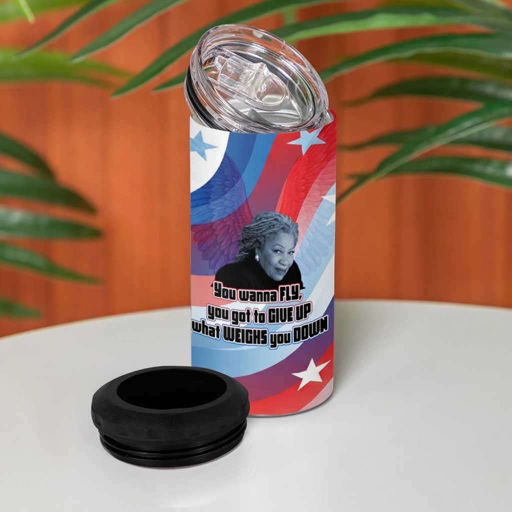 Toni Morrison 4 in 1 Can Cooler Tumbler Abstract Wings Design Empowering Quote Dual Portrait Celebration of Literary Freedom - Wonder Print Shop