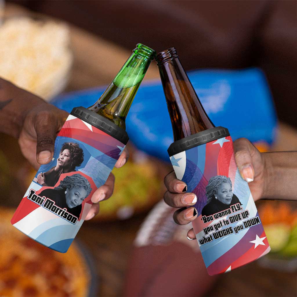 Toni Morrison 4 in 1 Can Cooler Tumbler Abstract Wings Design Empowering Quote Dual Portrait Celebration of Literary Freedom - Wonder Print Shop