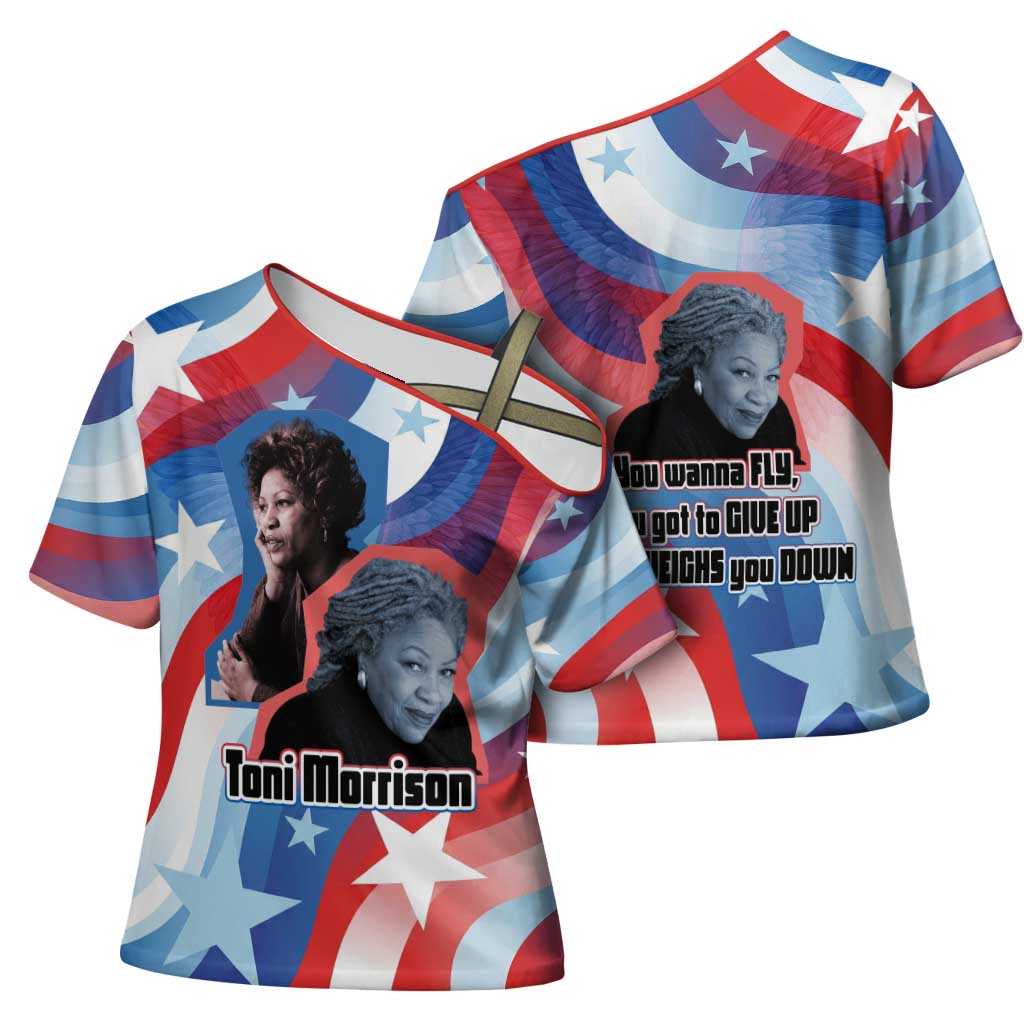 Toni Morrison Cross Shoulder Shirt Abstract Wings Design Empowering Quote Dual Portrait Celebration of Literary Freedom - Wonder Print Shop