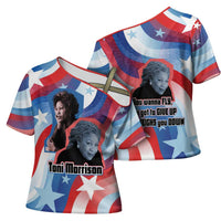 Toni Morrison Cross Shoulder Shirt Abstract Wings Design Empowering Quote Dual Portrait Celebration of Literary Freedom - Wonder Print Shop